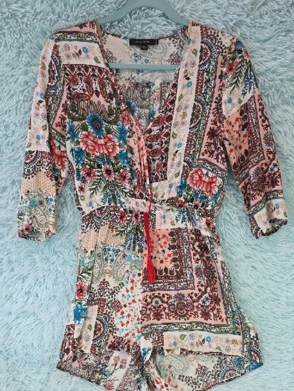 Love Tree Boho Floral Patchwork Long Sleeve Romper - Size M